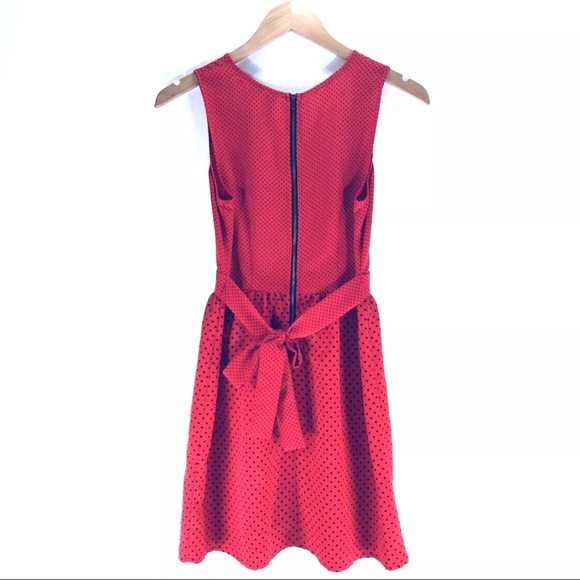 Red Black Polka Dots Sleeveless Faux Wrap Dress - Picture 2 of 5